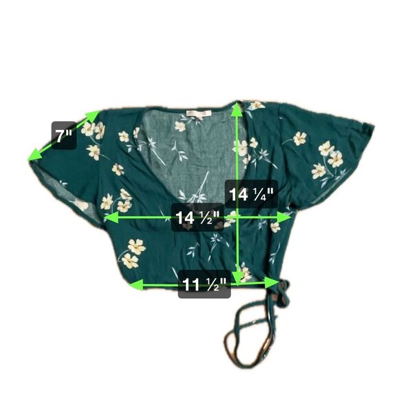 LOTTIE MOSS Faux Wrap Green Floral Flutter Sleeve Crop Top Women’s Size S - Picture 6 of 6